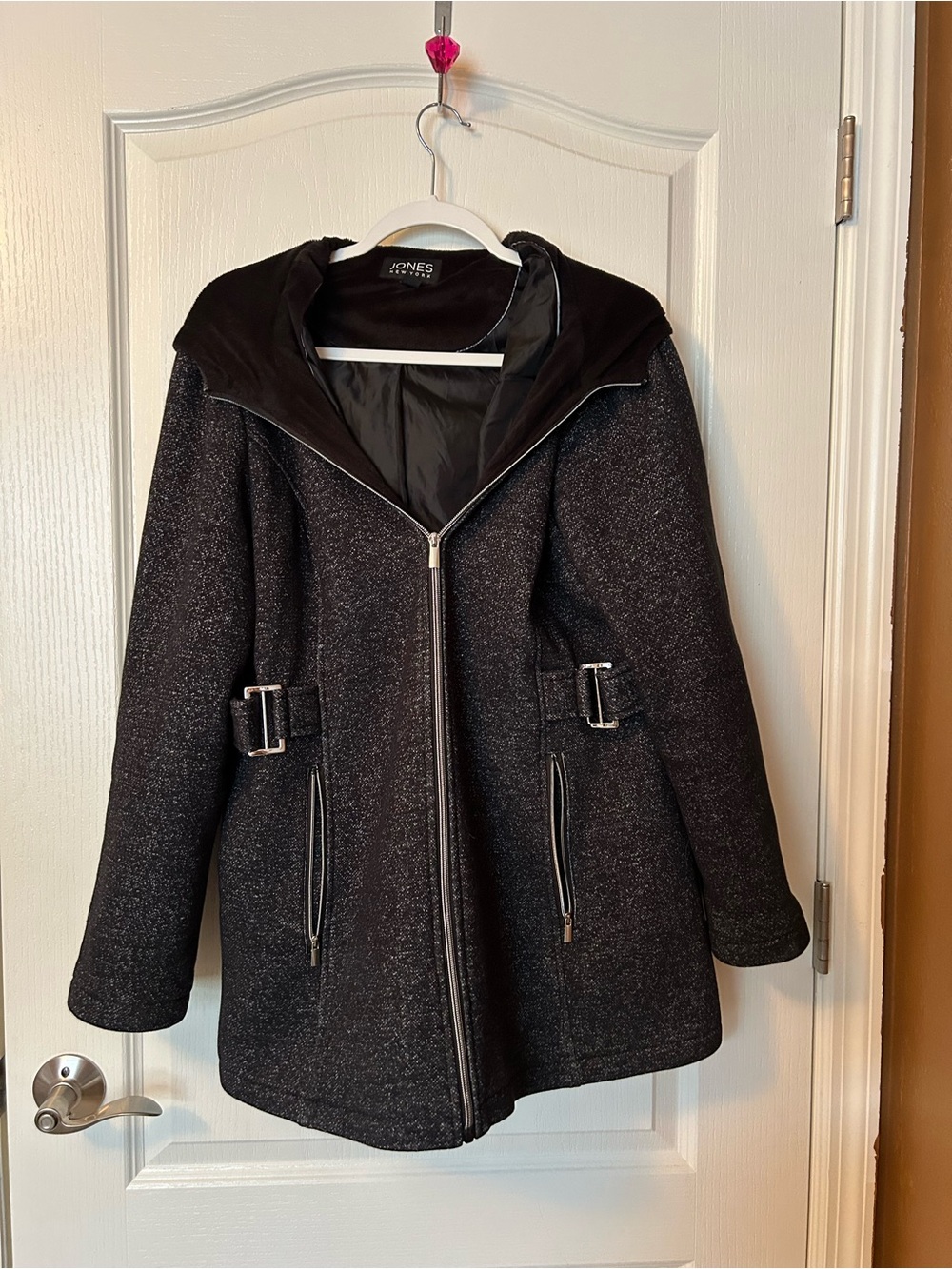 Jones New York Black Hooded Pea Coat with Silver Hardware